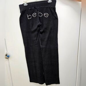 bebe Y2K Rhinestone Logo Sweatpants Black Wide Leg Lounge Pants Size L McBling